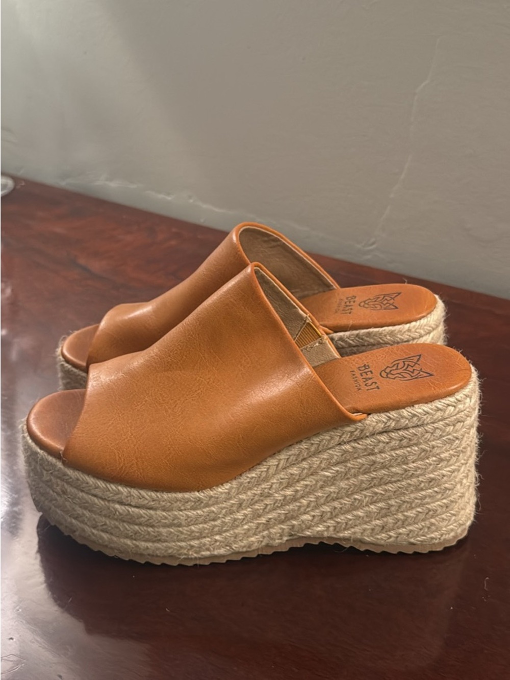BEAST FASHION Tan Espadrille Platform Wedge Slides